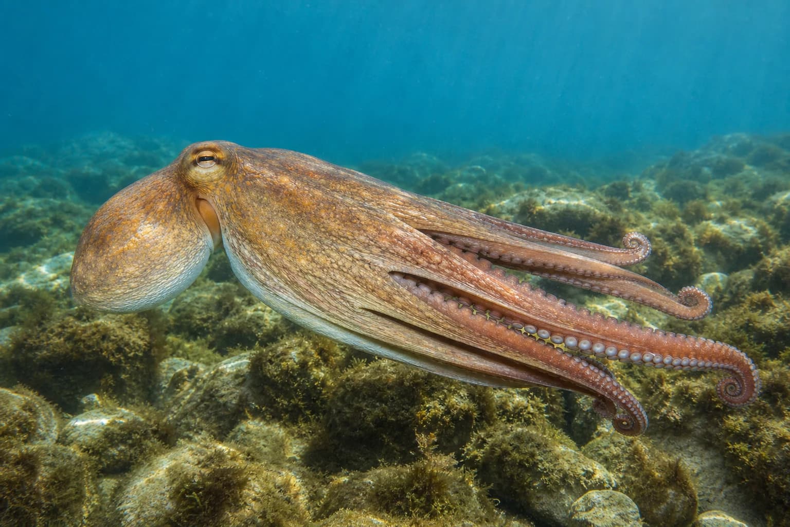 Chobotnice pobřežní (Octopus vulgaris) pod vodou