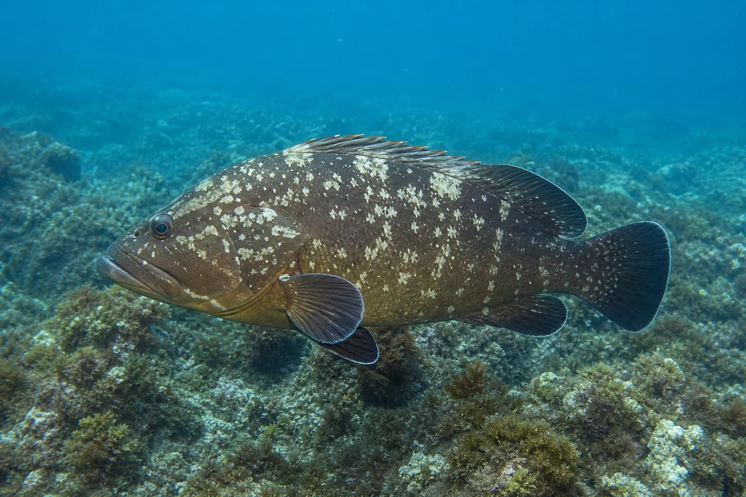 Kanic hnědý (Epinephelus marginatus) pod vodou