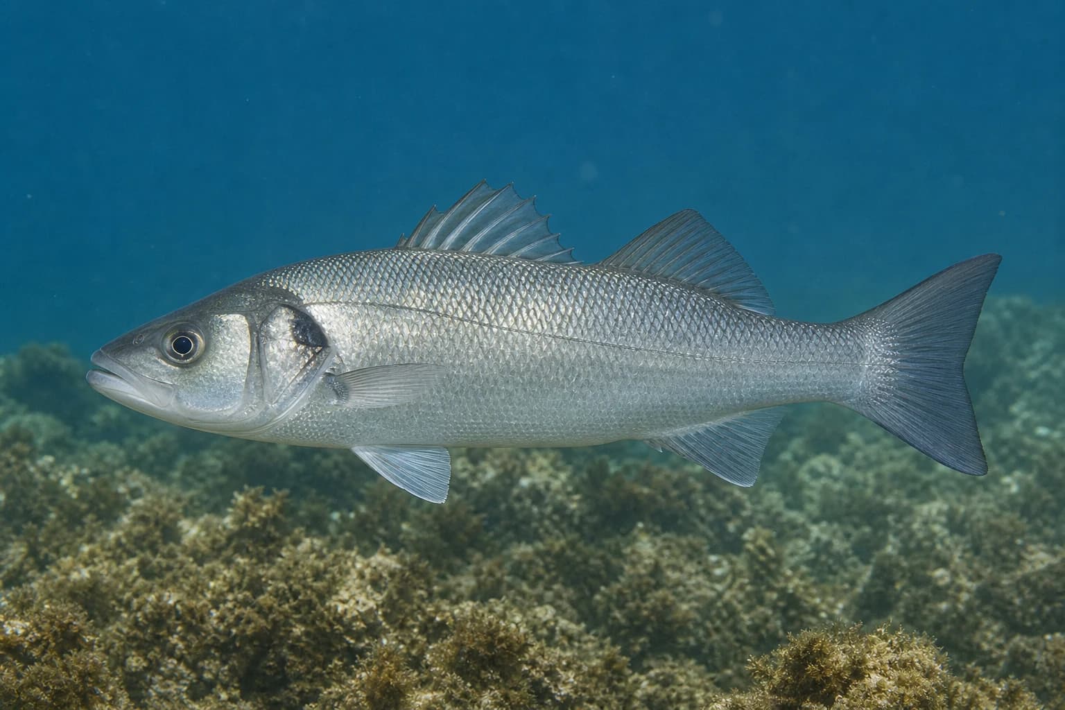 Mořčák evropský (branzino) (Dicentrarchus labrax) pod vodou