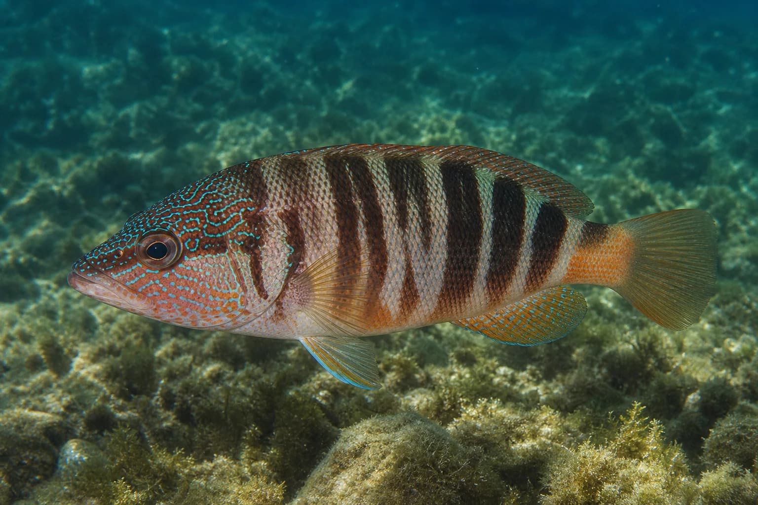 Kanícek písmenkový (pirka) (Serranus scriba) pod vodou