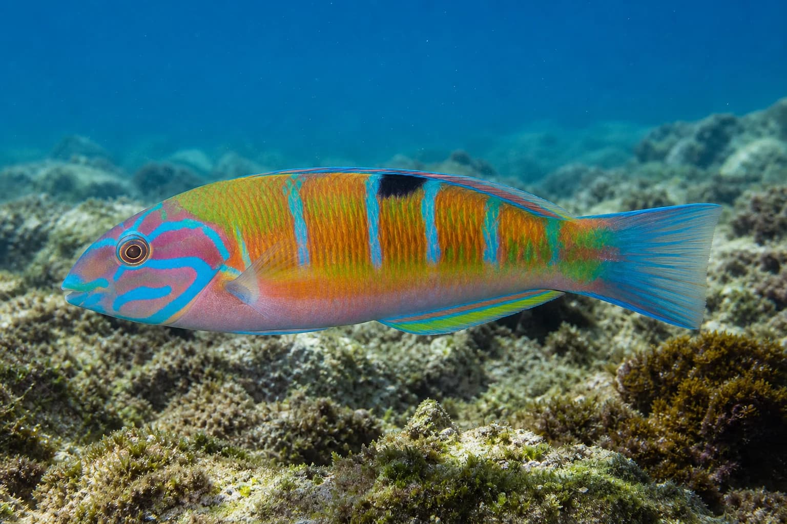Pyskoun páv (smokva) (Thalassoma pavo) pod vodou
